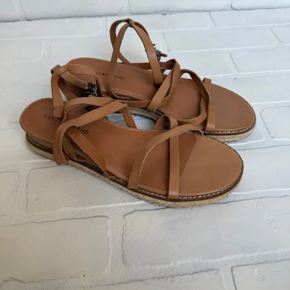 Lucky Brand Nemelli Light Tan Leather Strappy Gladiator Wedge Sandal sz 7.5